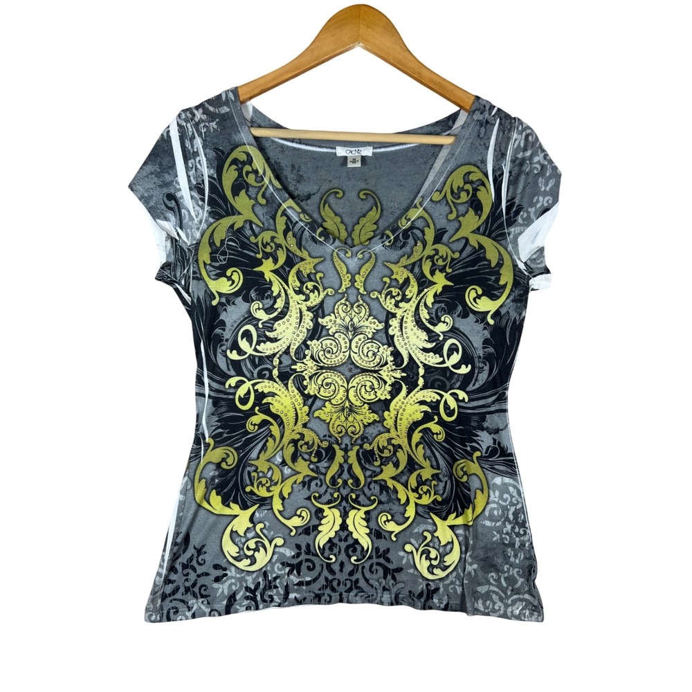 Y2K Cache‎ T-Shirt Top Medium Gold Black Gray Baroque Rhinestone V-Neck GLAM